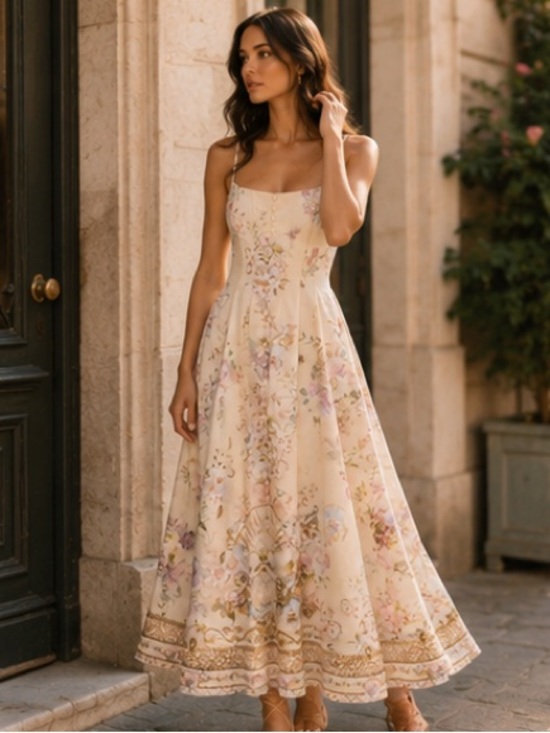 Camilla Dresses & Skirts - Floral Cream Midi Sundress with Delicate Print